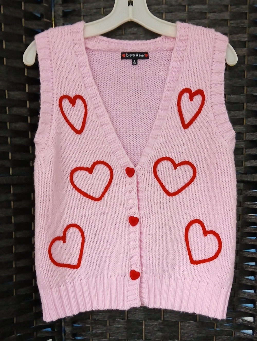 Forever & Ever Pink Knit Heart Cardigan Vest Womens SZ S
